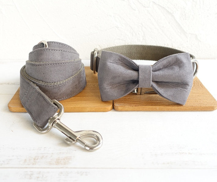 KFX-3470653 Stylish Grey Velvet Dog Bow Tie Traction Suit Set - Scalable Sizes XS to XL