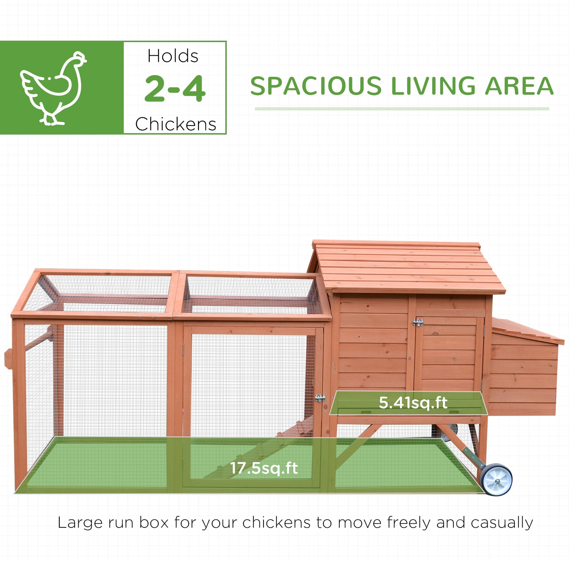 KFX-3472317 Natural Wood Portable Chicken Coop with Nesting Box and Wheels - 96.5" Poultry Cage for Backyard Use
