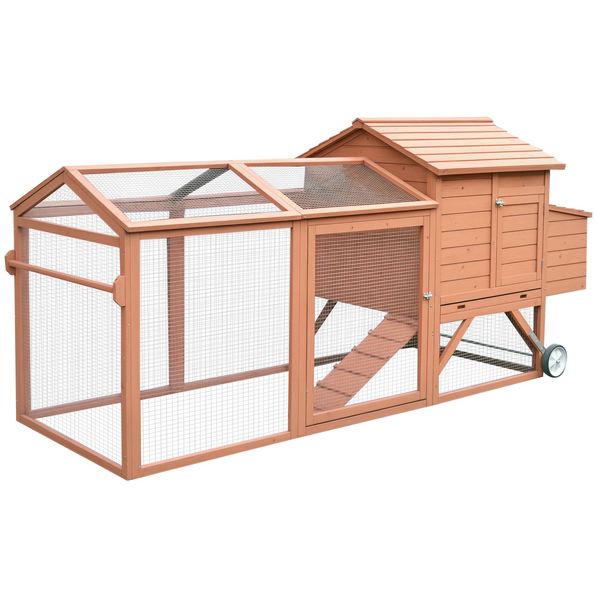 KFX-3472317 Natural Wood Portable Chicken Coop with Nesting Box and Wheels - 96.5" Poultry Cage for Backyard Use