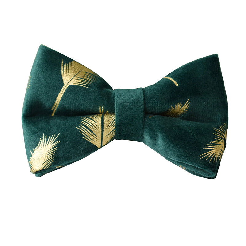KFX-3472445 Emerald Feather Pattern Pet Collar, Bow, and Leash Set in Cotton