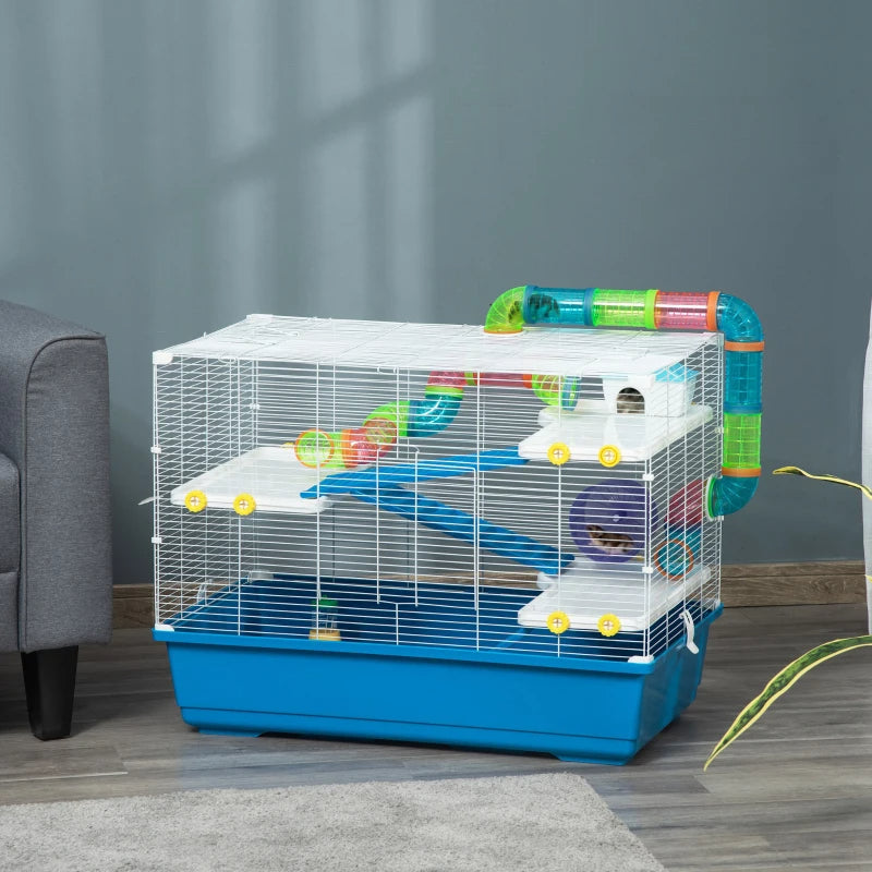 KFX-3478077 Extra Large 4-Tier Hamster Cage with Tubes, Exercise Wheel, Water Bottle, and Food Dish