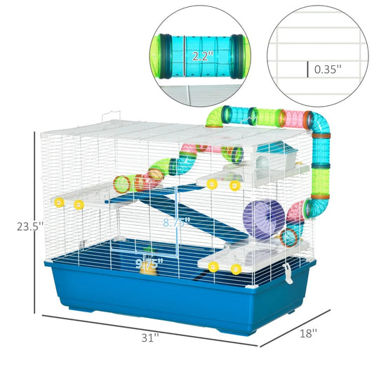 KFX-3478077 Extra Large 4-Tier Hamster Cage with Tubes, Exercise Wheel, Water Bottle, and Food Dish