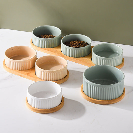 KFX-3490109 Ceramic Dog Food Bowl Set in Multiple Sizes with Coordinating Trays