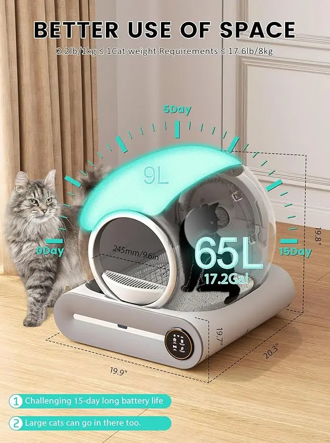 KFX-349331 Smart Self-Cleaning Cat Litter Box with Wi-Fi and Odor Control, 65L Capacity