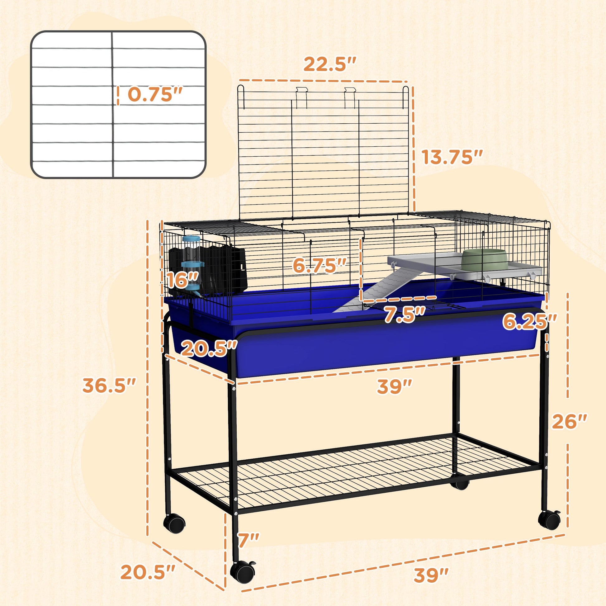 KFX-3493565 Two-Story Small Animal Cage with Removable Stand, Wheels, and Integrated Shelf - 39" x 20.5" x 36.5" - Blue