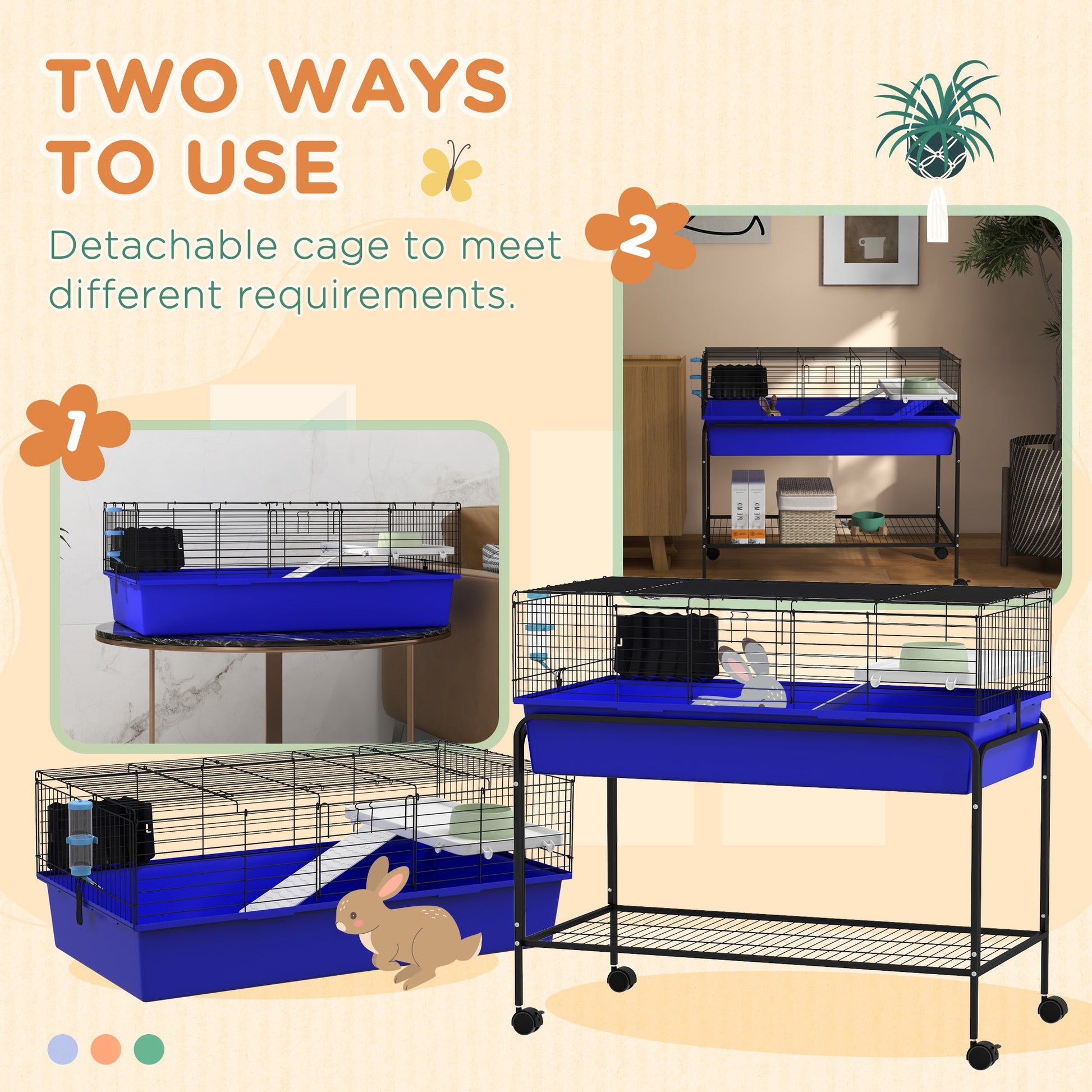 KFX-3493565 Two-Story Small Animal Cage with Removable Stand, Wheels, and Integrated Shelf - 39" x 20.5" x 36.5" - Blue