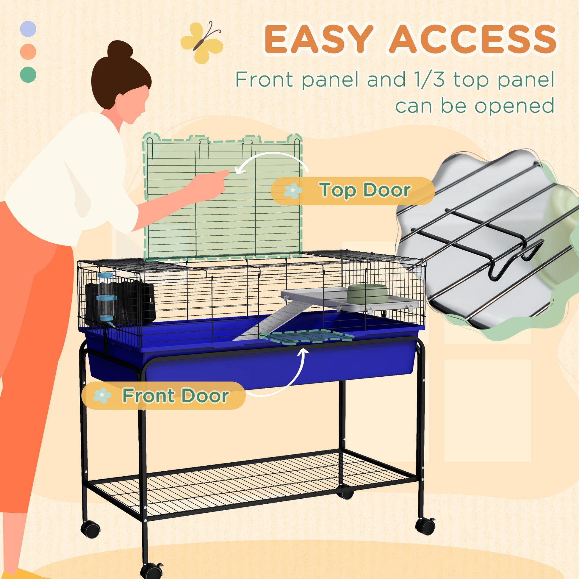 KFX-3493565 Two-Story Small Animal Cage with Removable Stand, Wheels, and Integrated Shelf - 39" x 20.5" x 36.5" - Blue