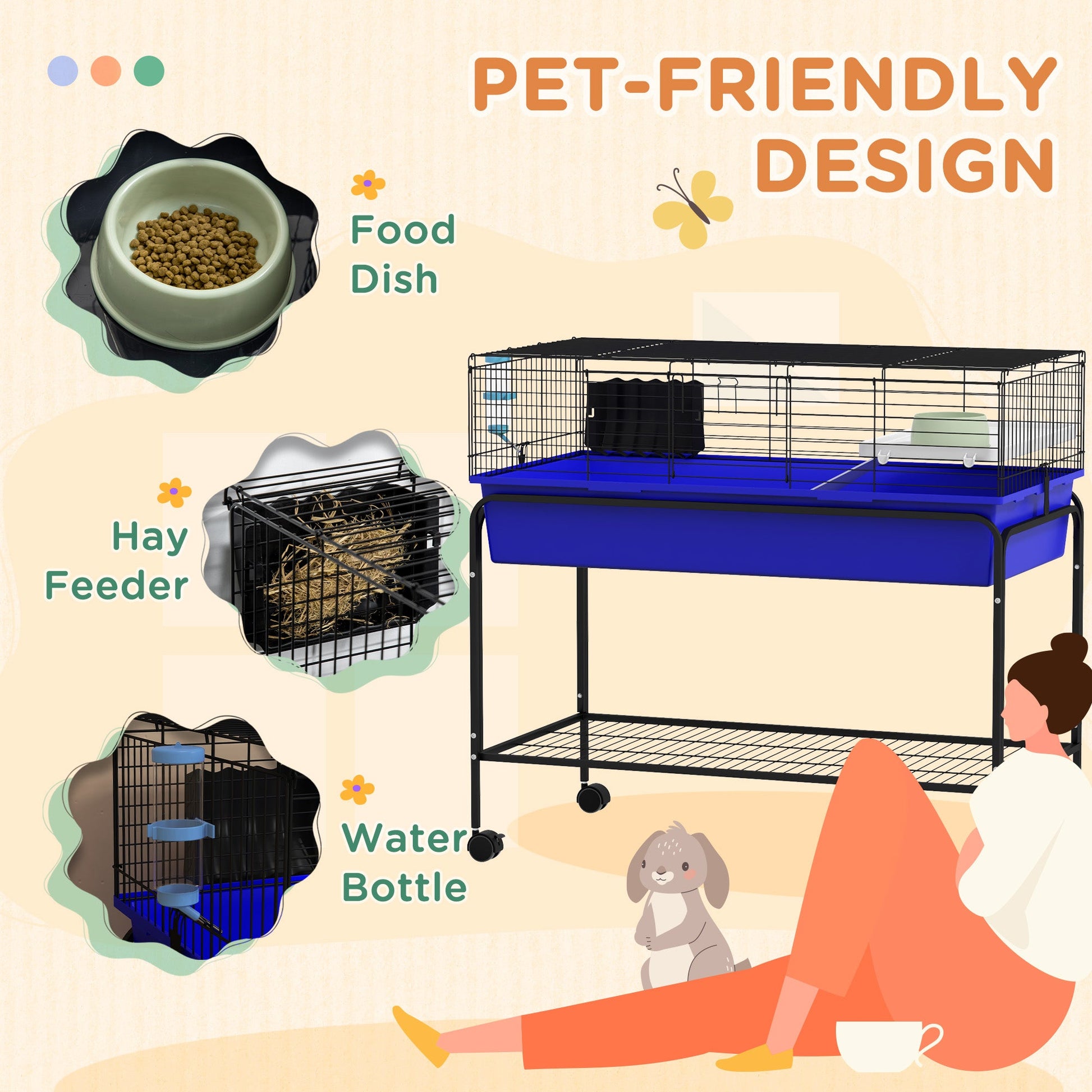KFX-3493565 Two-Story Small Animal Cage with Removable Stand, Wheels, and Integrated Shelf - 39" x 20.5" x 36.5" - Blue