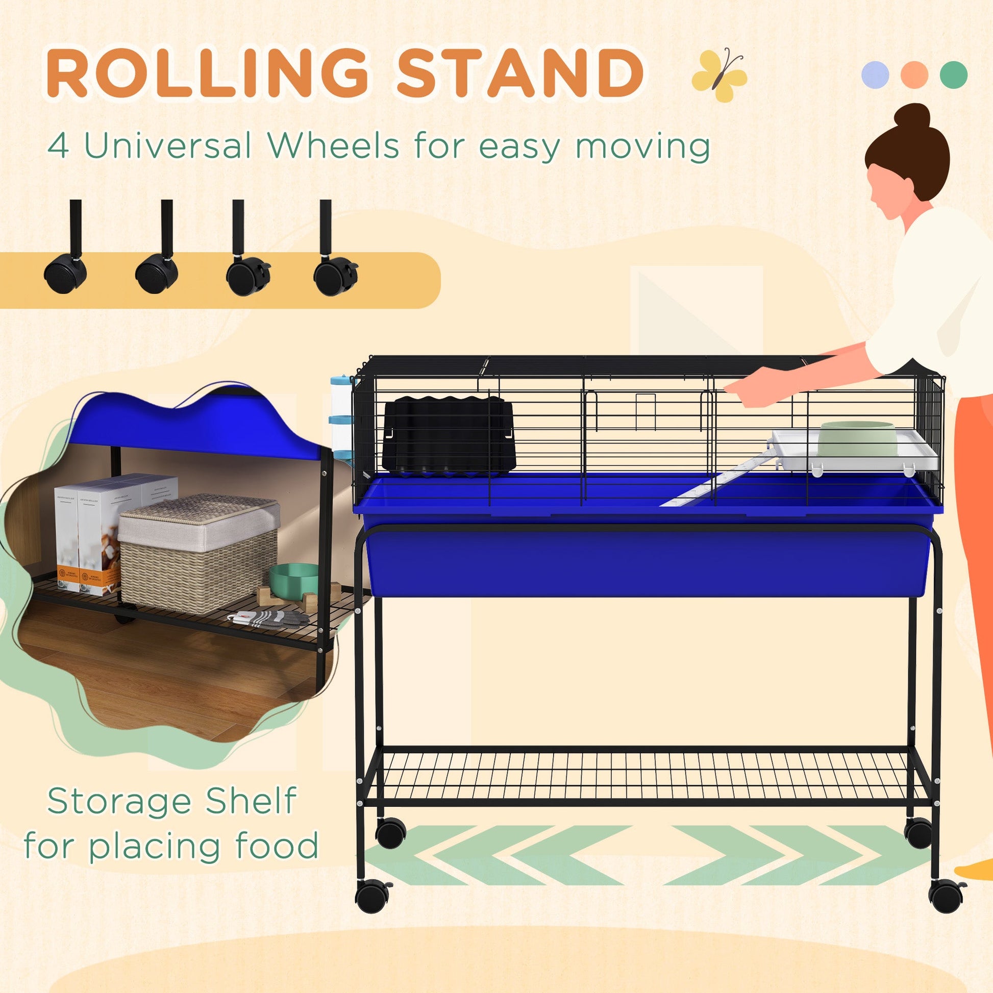KFX-3493565 Two-Story Small Animal Cage with Removable Stand, Wheels, and Integrated Shelf - 39" x 20.5" x 36.5" - Blue
