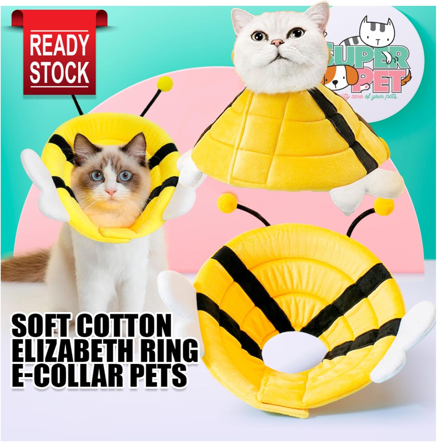 KFX-3494077 Soft Cat Cone Collar with Bee Design - Comfortable, Adjustable, and Easy to Clean for Recovery Protection