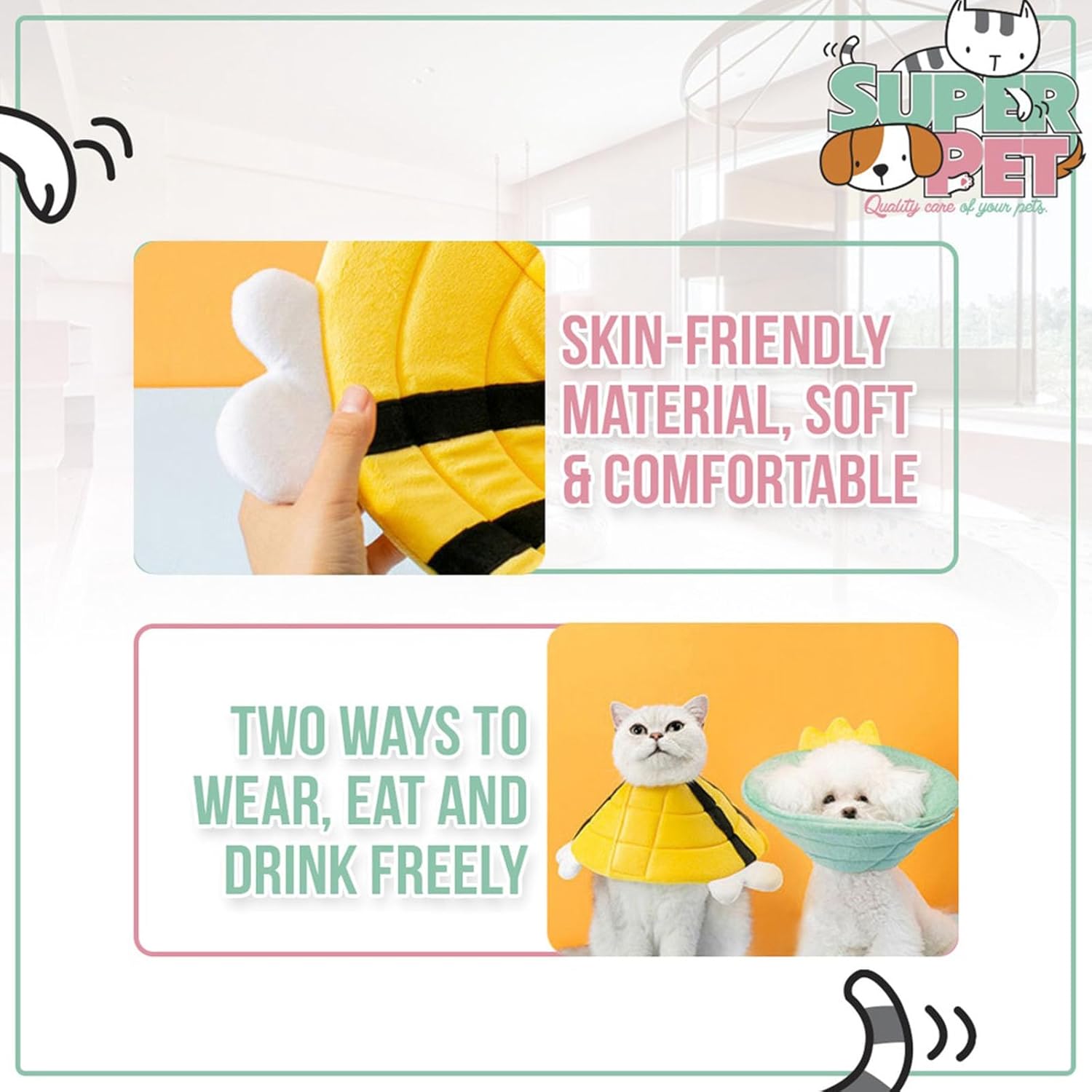 KFX-3494077 Soft Cat Cone Collar with Bee Design - Comfortable, Adjustable, and Easy to Clean for Recovery Protection