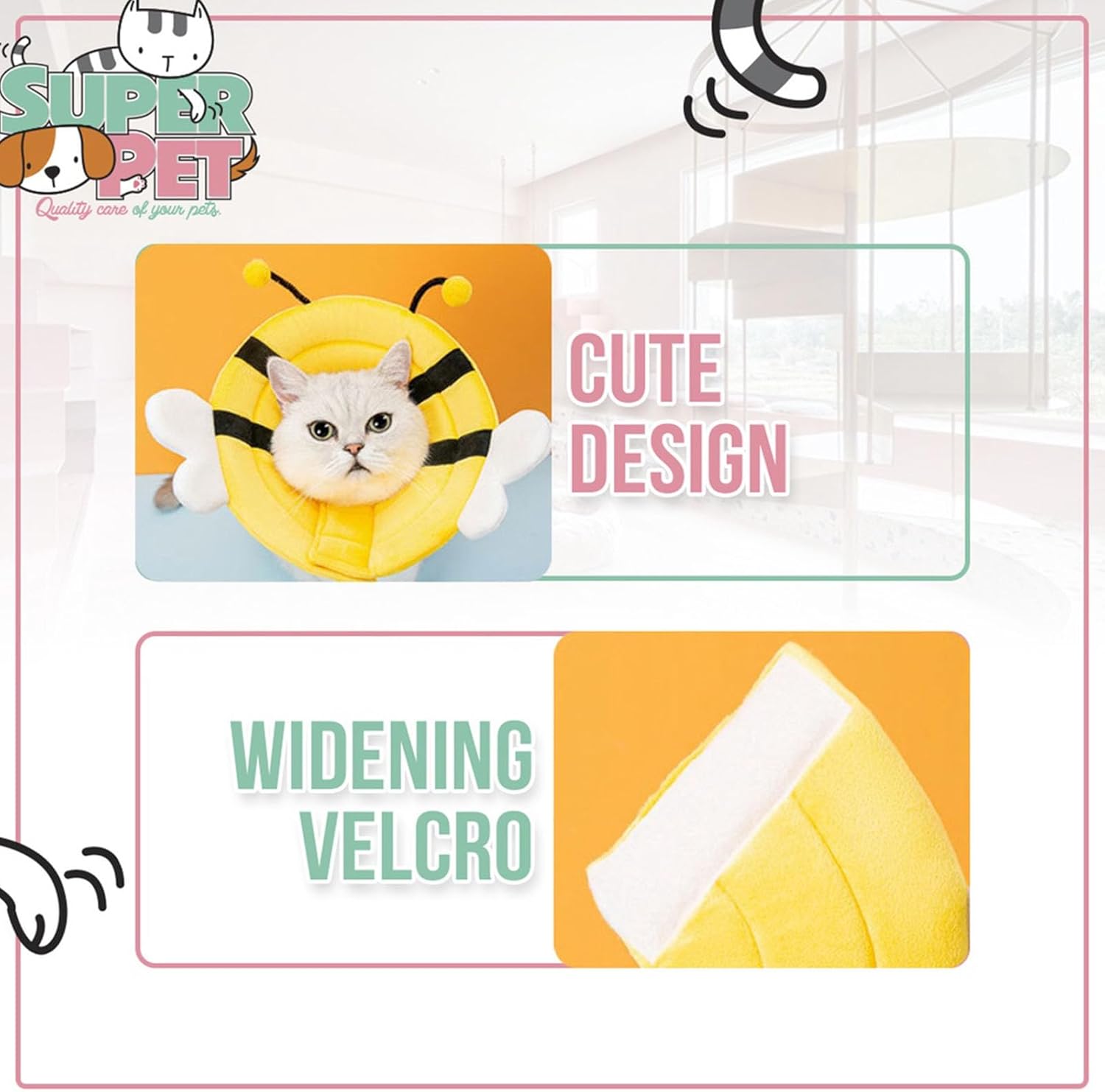 KFX-3494077 Soft Cat Cone Collar with Bee Design - Comfortable, Adjustable, and Easy to Clean for Recovery Protection