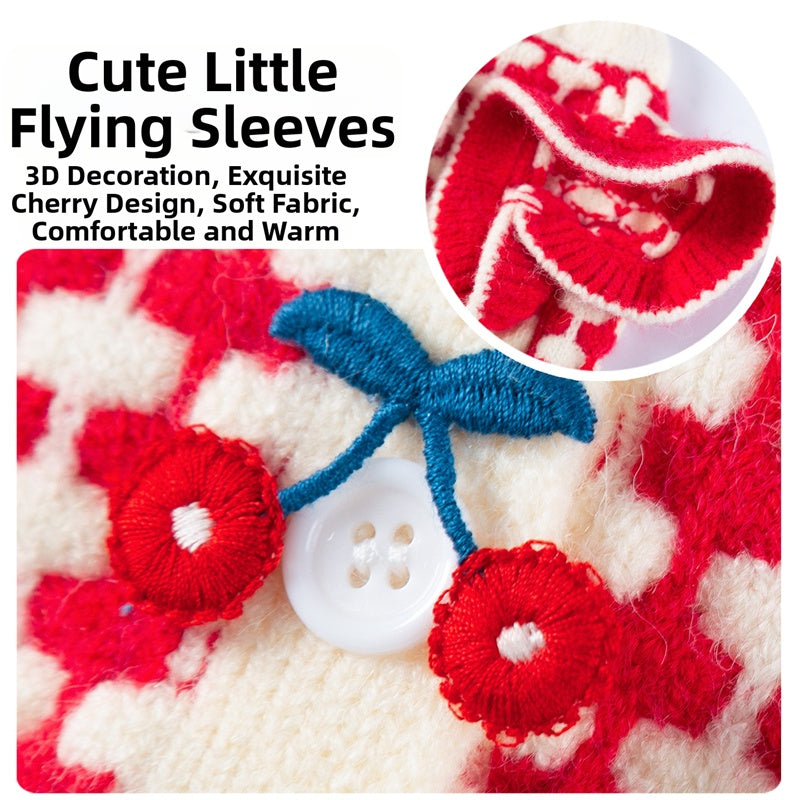KFX-3494461 Charming Red Knitted Sweater for Small Dogs with Cute Cherry Accent and Flutter Sleeves