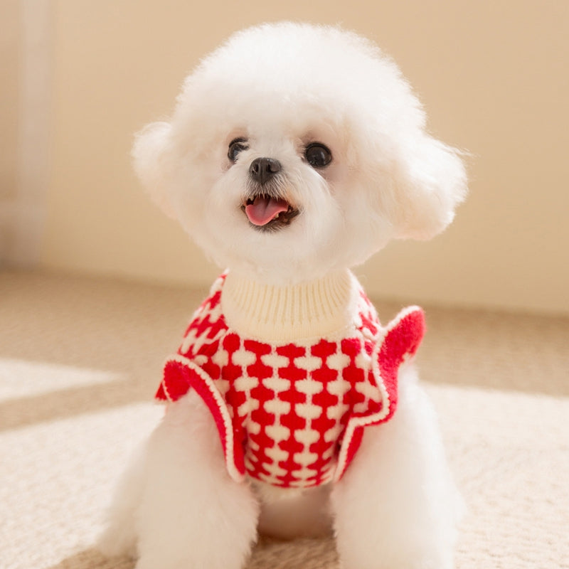KFX-3494461 Charming Red Knitted Sweater for Small Dogs with Cute Cherry Accent and Flutter Sleeves