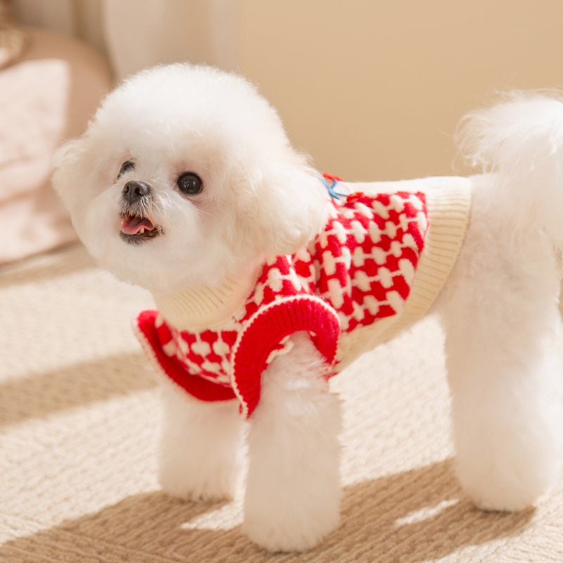 KFX-3494461 Charming Red Knitted Sweater for Small Dogs with Cute Cherry Accent and Flutter Sleeves