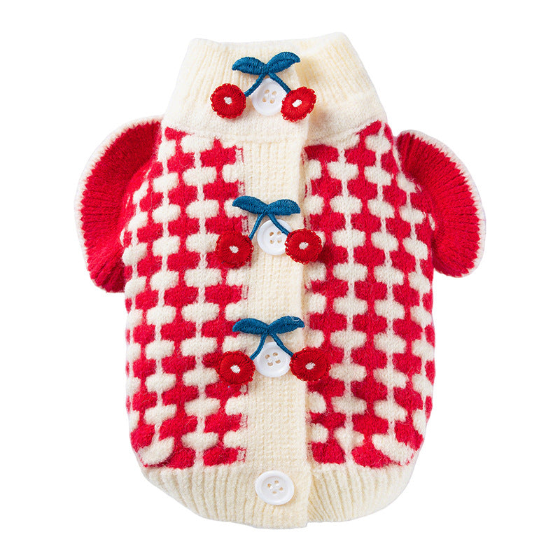 KFX-3494461 Charming Red Knitted Sweater for Small Dogs with Cute Cherry Accent and Flutter Sleeves