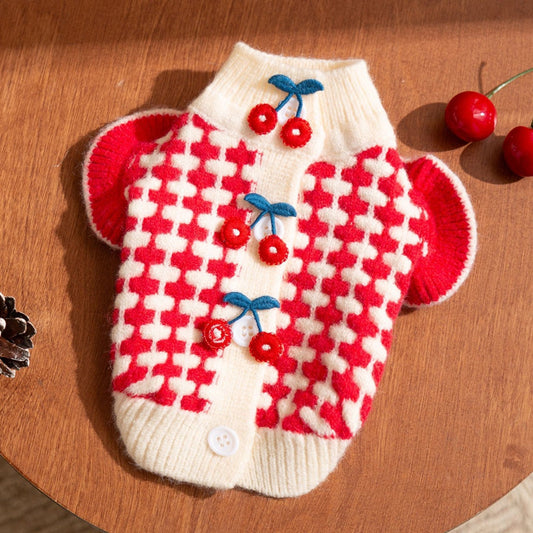 KFX-3494461 Charming Red Knitted Sweater for Small Dogs with Cute Cherry Accent and Flutter Sleeves