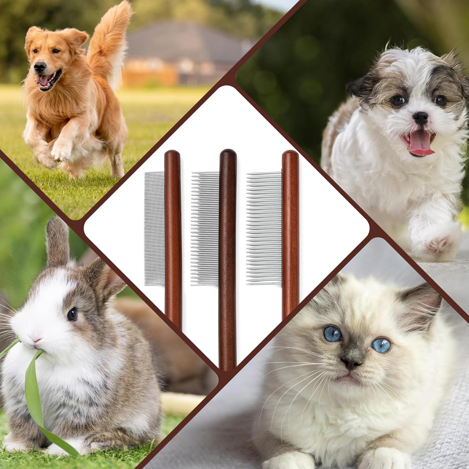 KFX-3497149 Wooden Handle Pet Comb for Grooming Long & Short Haired Dogs, Cats, and Small Pets