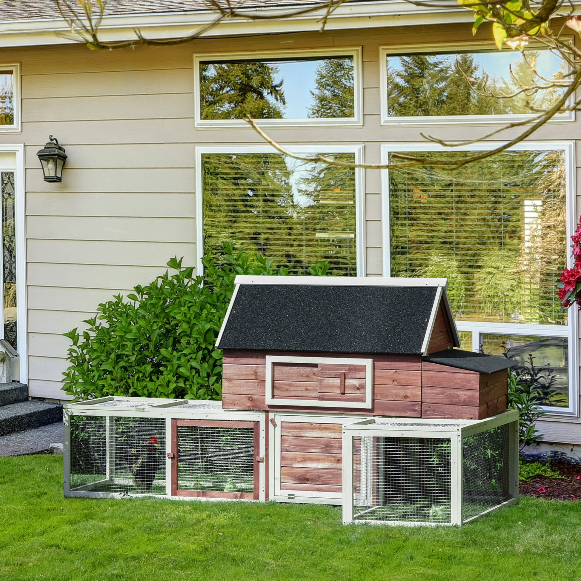 KFX-3499325 Spacious Wooden Chicken Coop with Nesting Box and Double Runs, Durable Fir Wood Construction