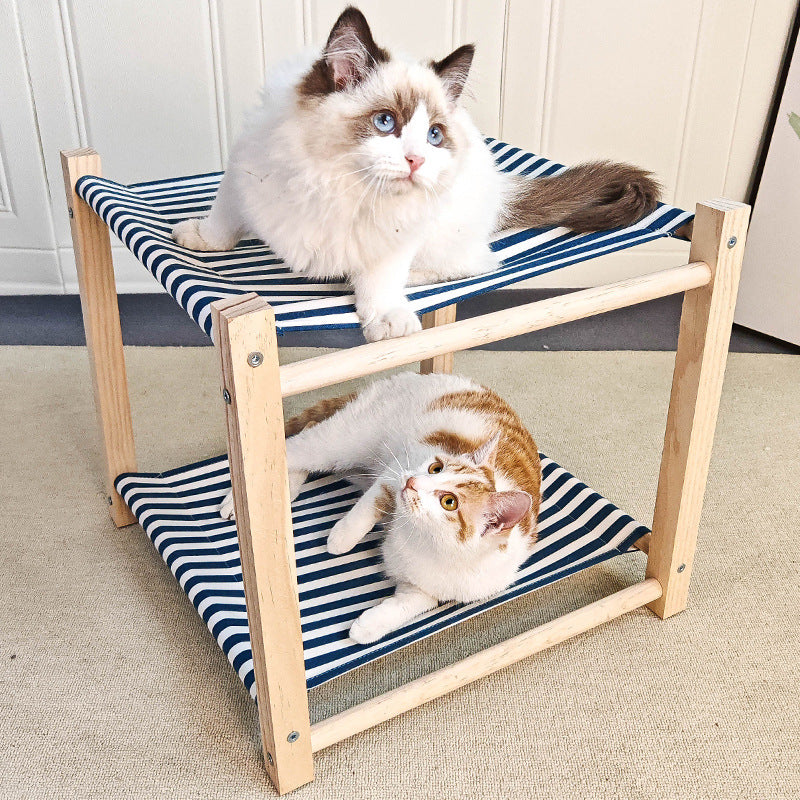 KFX-3503037 Double Layer Cat Hammock Pet Bed - Removable and Washable Solid Wood Design in Classic Gray and Navy Blue