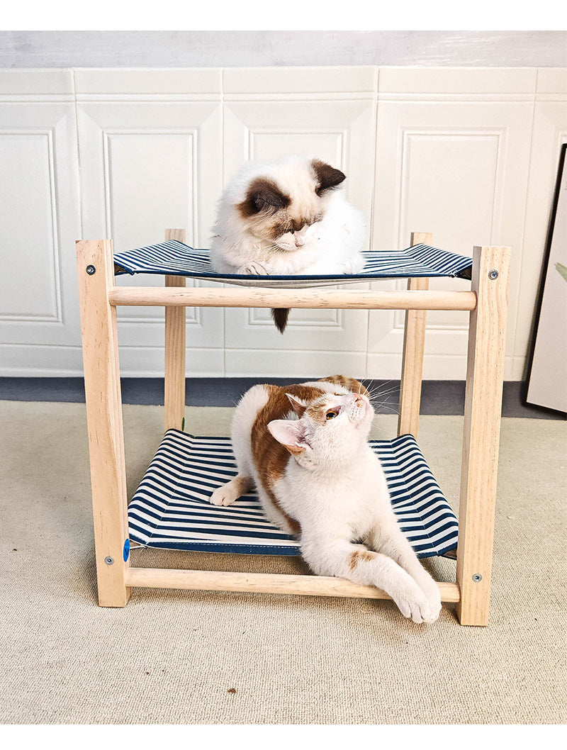 KFX-3503037 Double Layer Cat Hammock Pet Bed - Removable and Washable Solid Wood Design in Classic Gray and Navy Blue