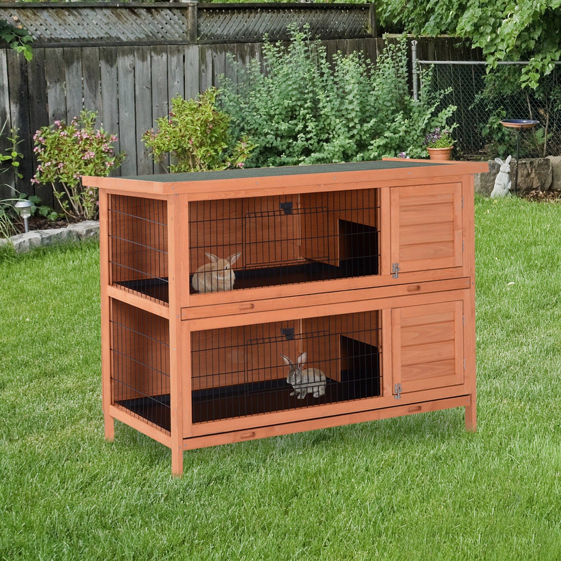 KFX-3505085 2-Story Wooden Rabbit Hutch with Lockable Doors and Waterproof Roof for Indoor/Outdoor Small Animals