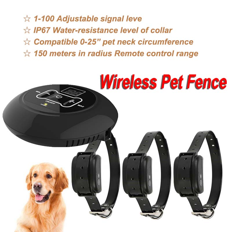 KFX-3506877 Wireless Pet Fence with Waterproof Intelligent Training Collar for Dogs, Adjustable Signal Level, Remote Control Range Up to 150m, Fits Neck Circumference Up to 25"