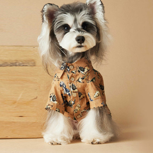 KFX-3507005 Casual Cotton Dog Shirt with Dachshund, Schnauzer, Teddy, Bichon & Maltese Prints in Beige and Brown