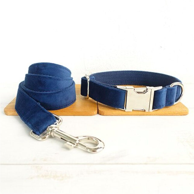 KFX-3509181 Dark Blue Velvet Pet Collar with Traction Chain for Dogs - Adjustable Size Options