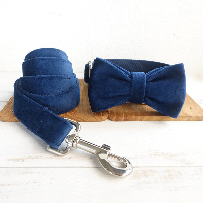 KFX-3509181 Dark Blue Velvet Pet Collar with Traction Chain for Dogs - Adjustable Size Options