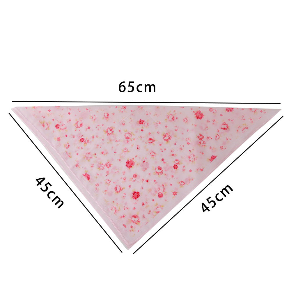 KFX-3514557 Cotton Triangle Scarf with Rose Flower Design - Pink & Beige, Adjustable Neck Size 24-46CM