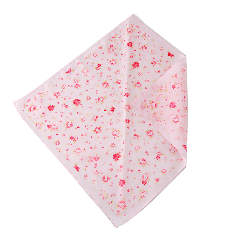KFX-3514557 Cotton Triangle Scarf with Rose Flower Design - Pink & Beige, Adjustable Neck Size 24-46CM