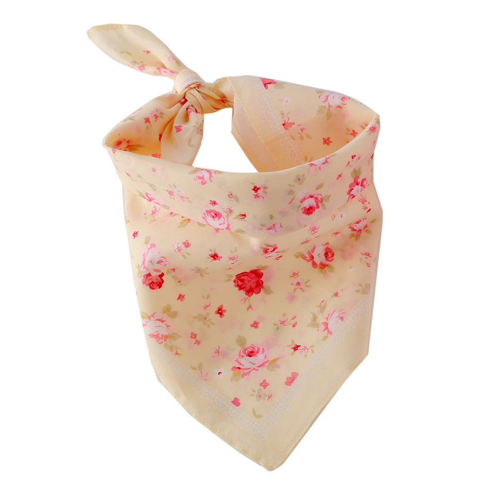 KFX-3514557 Cotton Triangle Scarf with Rose Flower Design - Pink & Beige, Adjustable Neck Size 24-46CM