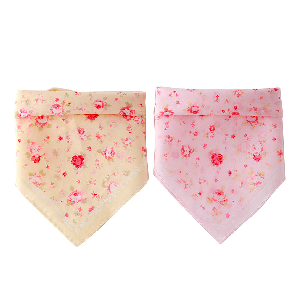 KFX-3514557 Cotton Triangle Scarf with Rose Flower Design - Pink & Beige, Adjustable Neck Size 24-46CM