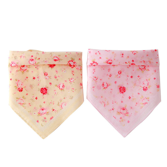 KFX-3514557 Cotton Triangle Scarf with Rose Flower Design - Pink & Beige, Adjustable Neck Size 24-46CM