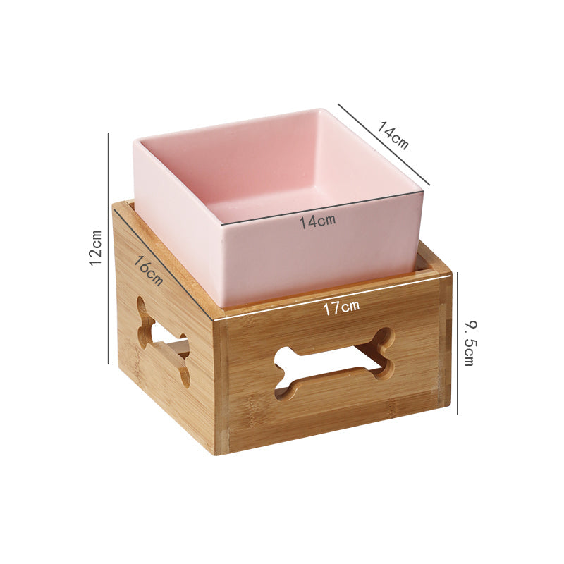 KFX-3517117 Double Ceramic Dog Food Bowl with Wooden Base – 900 ml Capacity for Enhanced Feeding Comfort