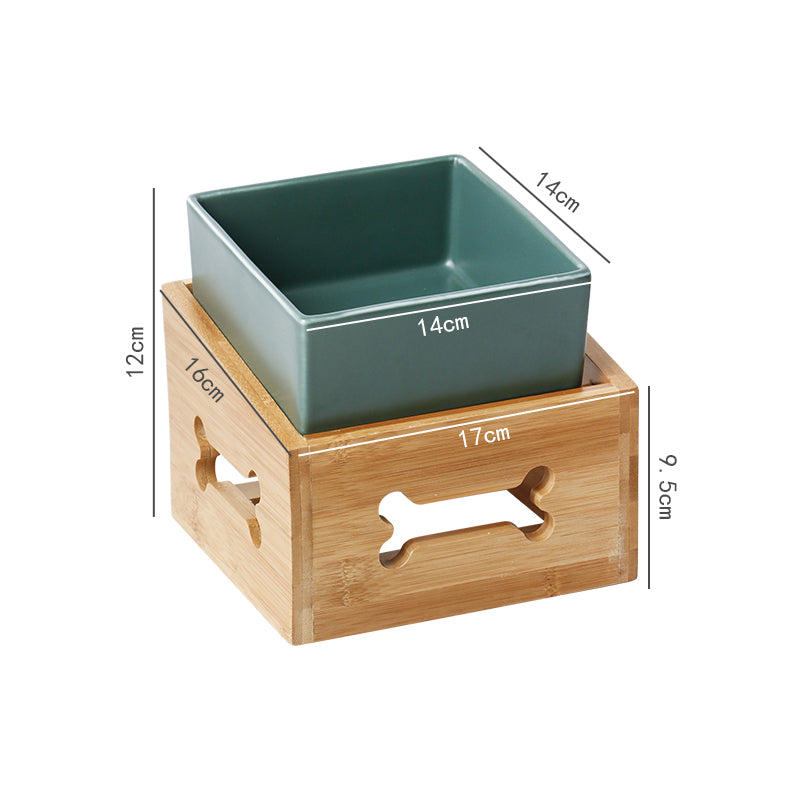 KFX-3517117 Double Ceramic Dog Food Bowl with Wooden Base – 900 ml Capacity for Enhanced Feeding Comfort