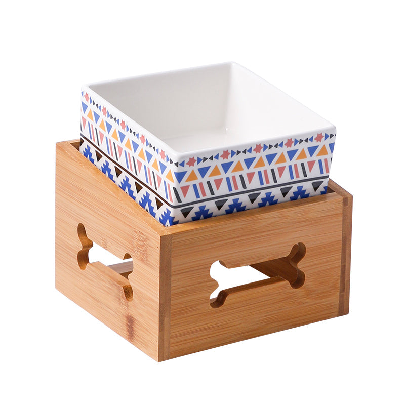 KFX-3517117 Double Ceramic Dog Food Bowl with Wooden Base – 900 ml Capacity for Enhanced Feeding Comfort
