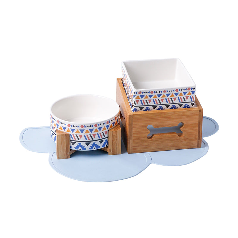 KFX-3517117 Double Ceramic Dog Food Bowl with Wooden Base – 900 ml Capacity for Enhanced Feeding Comfort