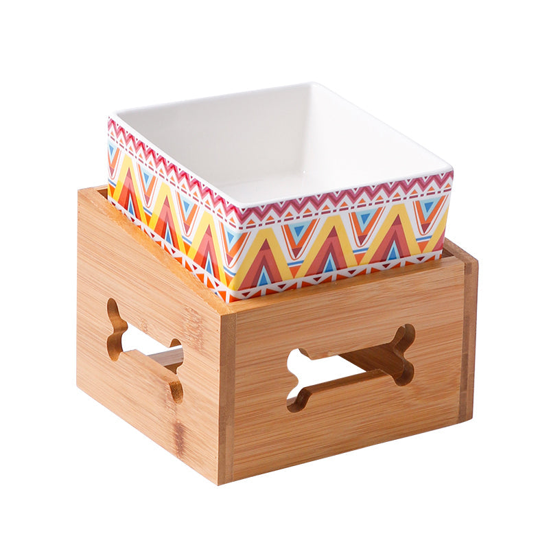 KFX-3517117 Double Ceramic Dog Food Bowl with Wooden Base – 900 ml Capacity for Enhanced Feeding Comfort