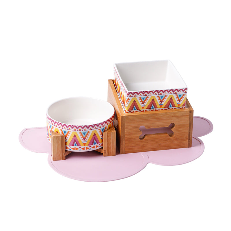 KFX-3517117 Double Ceramic Dog Food Bowl with Wooden Base – 900 ml Capacity for Enhanced Feeding Comfort