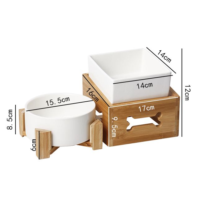 KFX-3517117 Double Ceramic Dog Food Bowl with Wooden Base – 900 ml Capacity for Enhanced Feeding Comfort