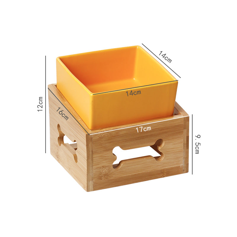KFX-3517117 Double Ceramic Dog Food Bowl with Wooden Base – 900 ml Capacity for Enhanced Feeding Comfort