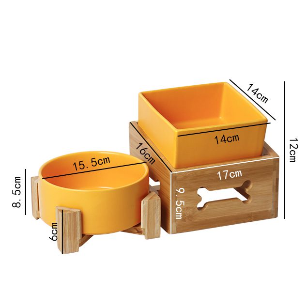 KFX-3517117 Double Ceramic Dog Food Bowl with Wooden Base – 900 ml Capacity for Enhanced Feeding Comfort
