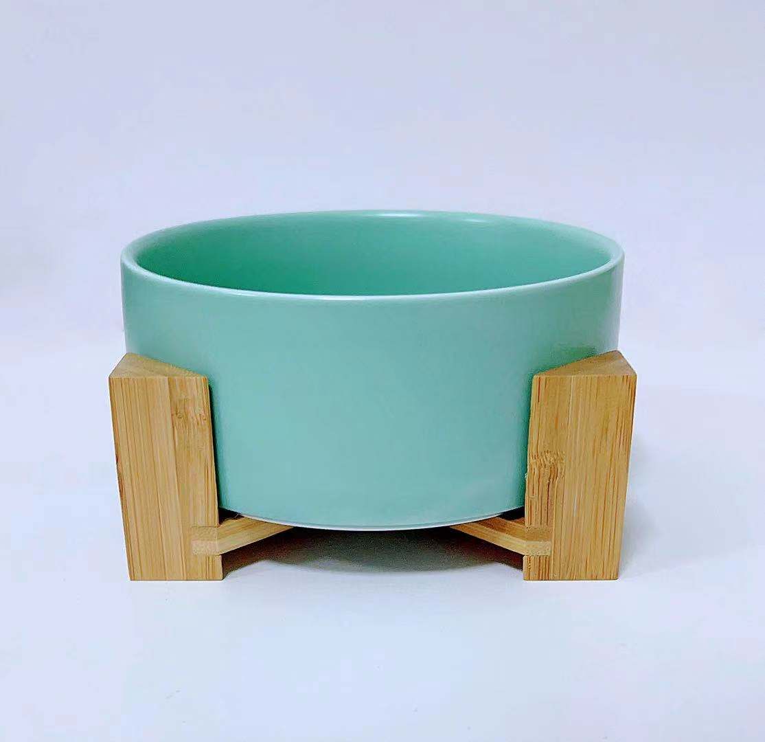 KFX-3517117 Double Ceramic Dog Food Bowl with Wooden Base – 900 ml Capacity for Enhanced Feeding Comfort