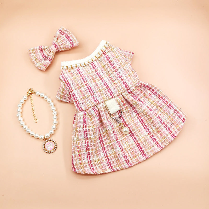 KFX-3521085 Pink Pearl Collar Pet Clothes Suit with Floral Detail for Dogs and Cats - Various Sizes Available