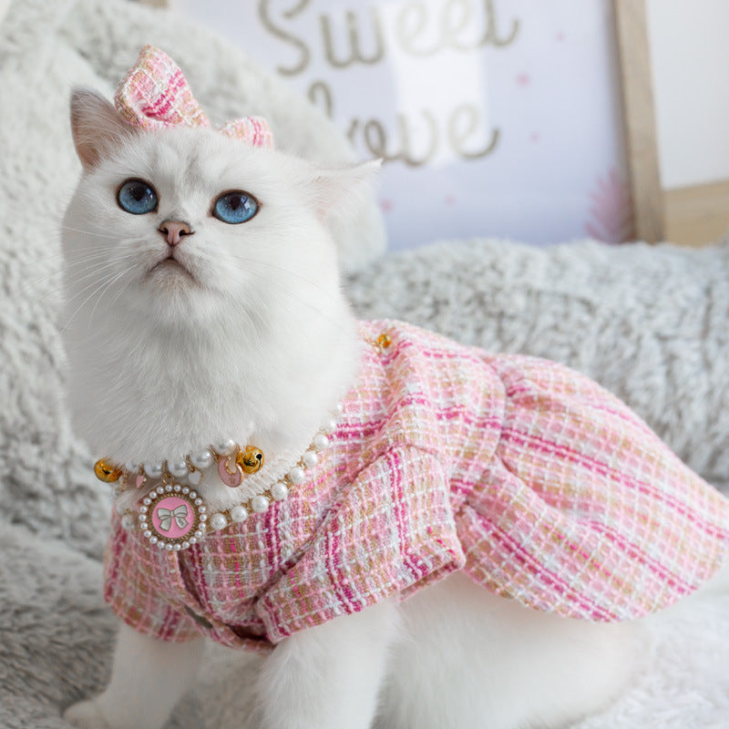 KFX-3521085 Pink Pearl Collar Pet Clothes Suit with Floral Detail for Dogs and Cats - Various Sizes Available