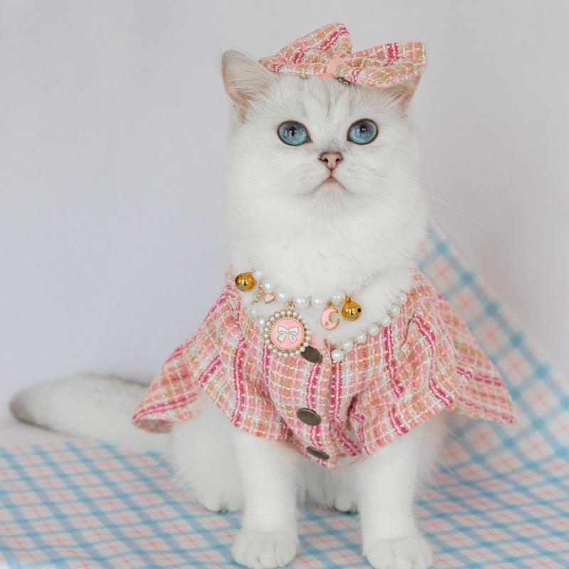 KFX-3521085 Pink Pearl Collar Pet Clothes Suit with Floral Detail for Dogs and Cats - Various Sizes Available