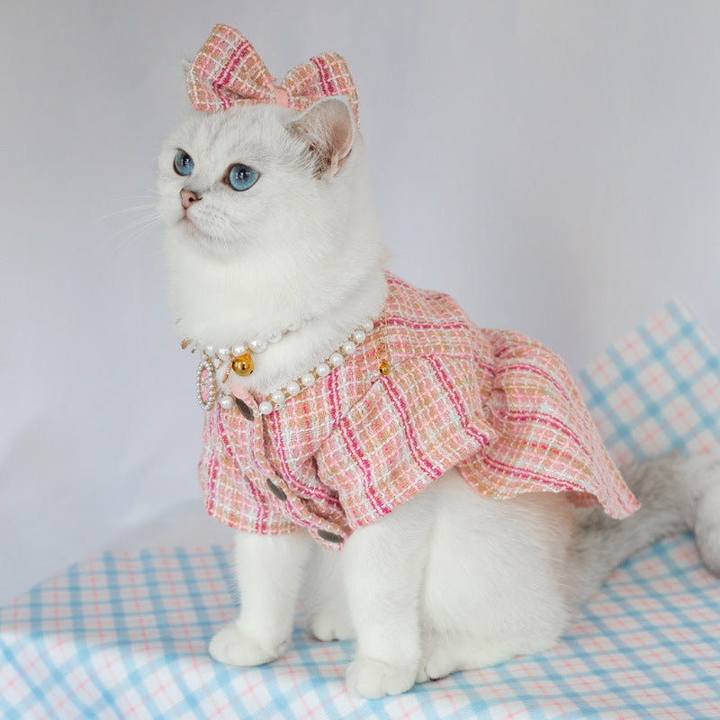 KFX-3521085 Pink Pearl Collar Pet Clothes Suit with Floral Detail for Dogs and Cats - Various Sizes Available