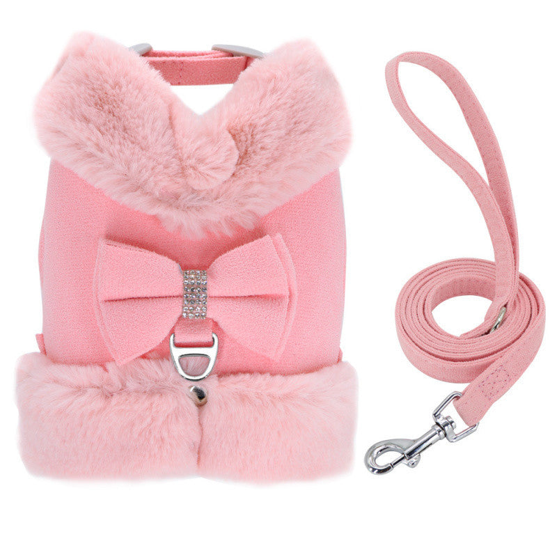 KFX-3524157 Adjustable Bow Tie Dog Harness and Leash Set with Soft Padding and Removable Fur Collar for Small Dogs